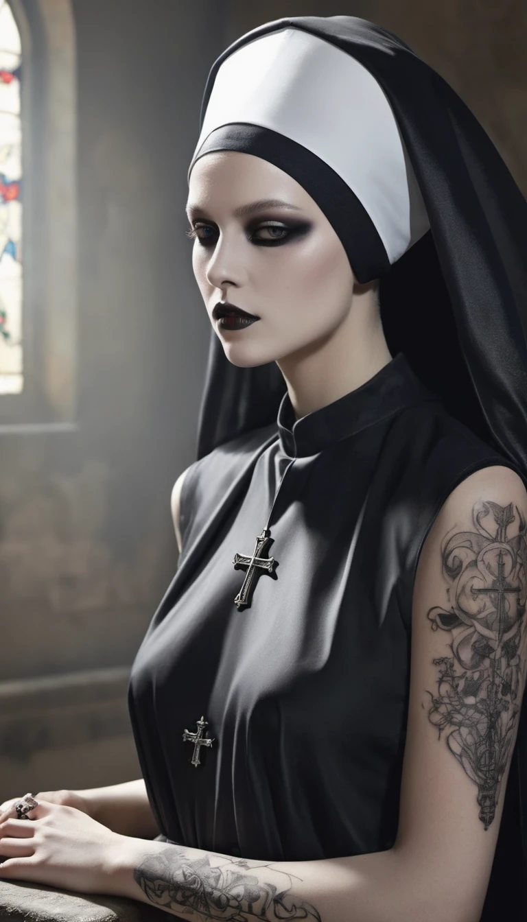 Digital art, nun in the Stil of Patrick Demarchelier.  Nonne Schwarzes Make-up .Transparente Chiffon-Soutane, Gothic Tattoo mit Kreuzen und Flügeln. Nägel mit Kreuzen. Stil. , scharfer Fokus, Studiofoto, Ultra HD, realistisch, lebendige Farben, sehr detailliert, pen and ink, perfekte Komposition, wunderschön detailliert kompliziert wahnsinnig detailliert Octane Render Trending auf Artstation, 8k künstlerische Fotografie, photorealistisch concept art, weiches, natürliches, volumetrisches, filmisches, perfektes Licht. Hohe Auflösung, gute Qualität, Meisterwerk