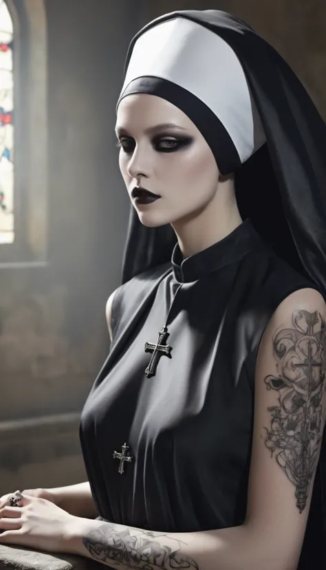Digital art, nun in the style of Patrick Demarchelier.  nun Black makeup .Transparent chiffon cassock, Gothic tattoo with crosse...