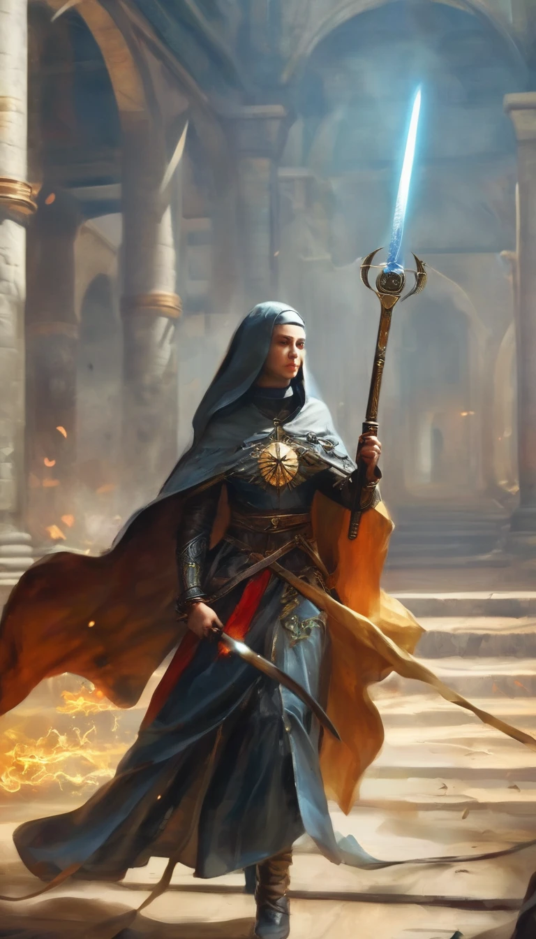 (realistic, highres, masterpiece:1.2), a young woman, beautiful, she is a nun, she also belongs to a secret society of warriors, dressed in sacred armor with religious emblems, on her head a religious veil, in her hand she holds a large sword, in the other hand she holds a rosary, bowed head in prayer, tense aura before the battle with demons, immersive background of the monastic armory, ultra-detailed