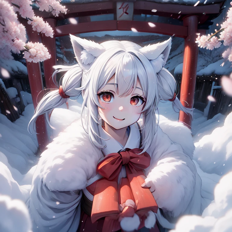 1 girl, , long hair, low twin tails, fuzzy twin tails, white hair, fox ears, animal ear fluff, Fox Eyes, cherry blossoms, Milky Way, portrait, shrine，Red and white collar，Has a big bell，cherry blossoms吹雪，Fluffy，fox tail，smile，Raw photo，、shrine maiden、Red Torii Gate