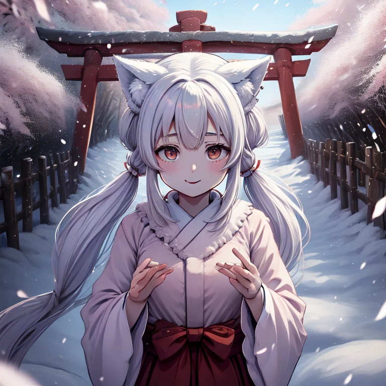 1 girl, , long hair, low twin tails, fuzzy twin tails, white hair, fox ears, animal ear fluff, Fox Eyes, cherry blossoms, Milky Way, portrait, shrine，Red and white collar，Has a big bell，cherry blossoms吹雪，Fluffy，fox tail，smile，Raw photo，、shrine maiden、Red Torii Gate