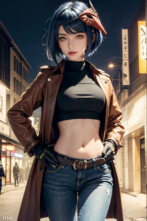 (long leather trench coat, long skinny jeans, iron belt), ((midriff, navel)), smile, looking at viewer, night city boulevard, st...