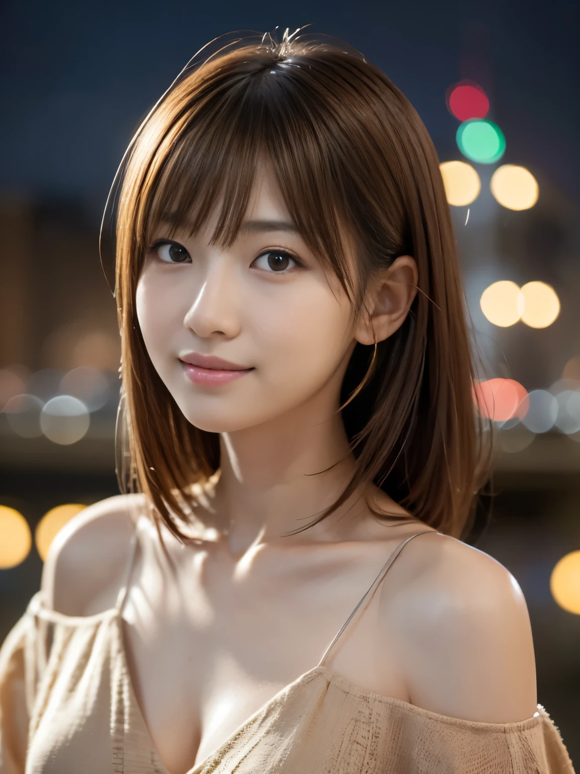 1 japanese girl,(Raw photo, Best Quality), (Realistic, Photorealsitic:1.4), masutepiece, extremely delicate and beautiful, Extremely detailed, 8k wallpaper, amazing, finely detail, extremely detailed CG Unity, hight resolution, Soft light, Beautiful detailed 19 year old, extremely detailed eye and face, beautiful detailed nose, Beautiful detailed eyes,Cinematic lighting,city light at night,Slender,Smiling, (hair messy, asymmetrical bangs, light brown hair)