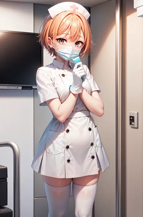 1girl, solo, nurse, nurse cap, white nurse uniform, ((white legwear, zettai ryouiki)), white gloves, very short hair, orange hai...