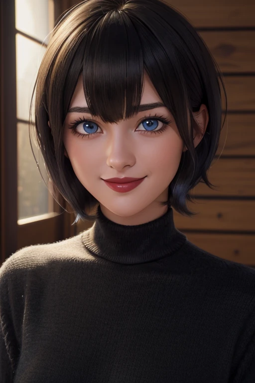 (masterpiece:1.3), (8k, photorealistic, RAW photo, best quality: 1.4), (1girl), beautiful face, (realistic face), (black hair, short hair:1.3), beautiful hairstyle, realistic eyes, beautiful detailed eyes, (realistic skin), beautiful skin, (sweater), absurdres, attractive, ultra high res, ultra realistic, highly detailed, golden ratio, blue eyes, short hair with bangs style bob, smile, lipstick black 