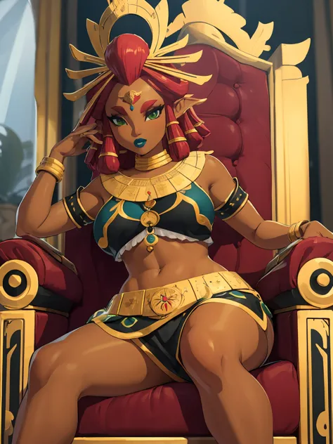 big breasts, green eyes, dark blue lips, sitting on a throne, sexy legs, riju