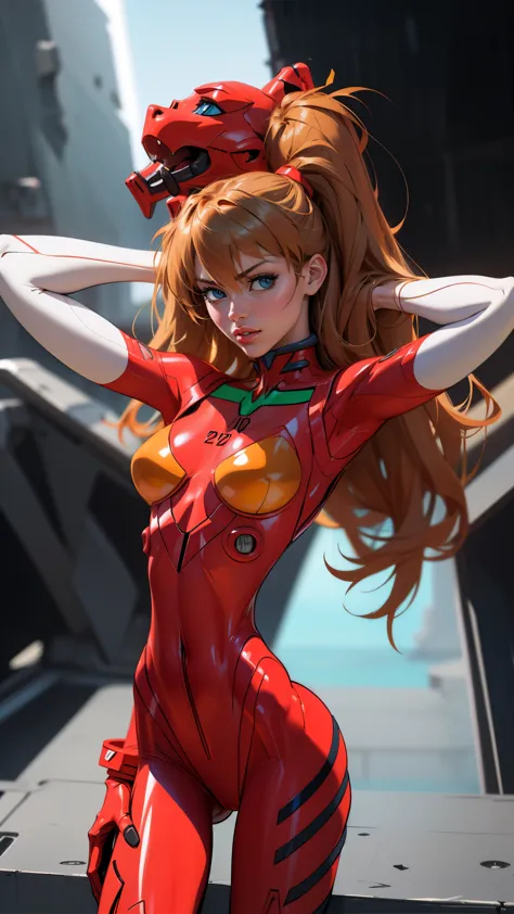 asuka langley evangelion, a stunning young woman, arms up and hands behind head, trendy attire, realistic, super detail, ((maste...