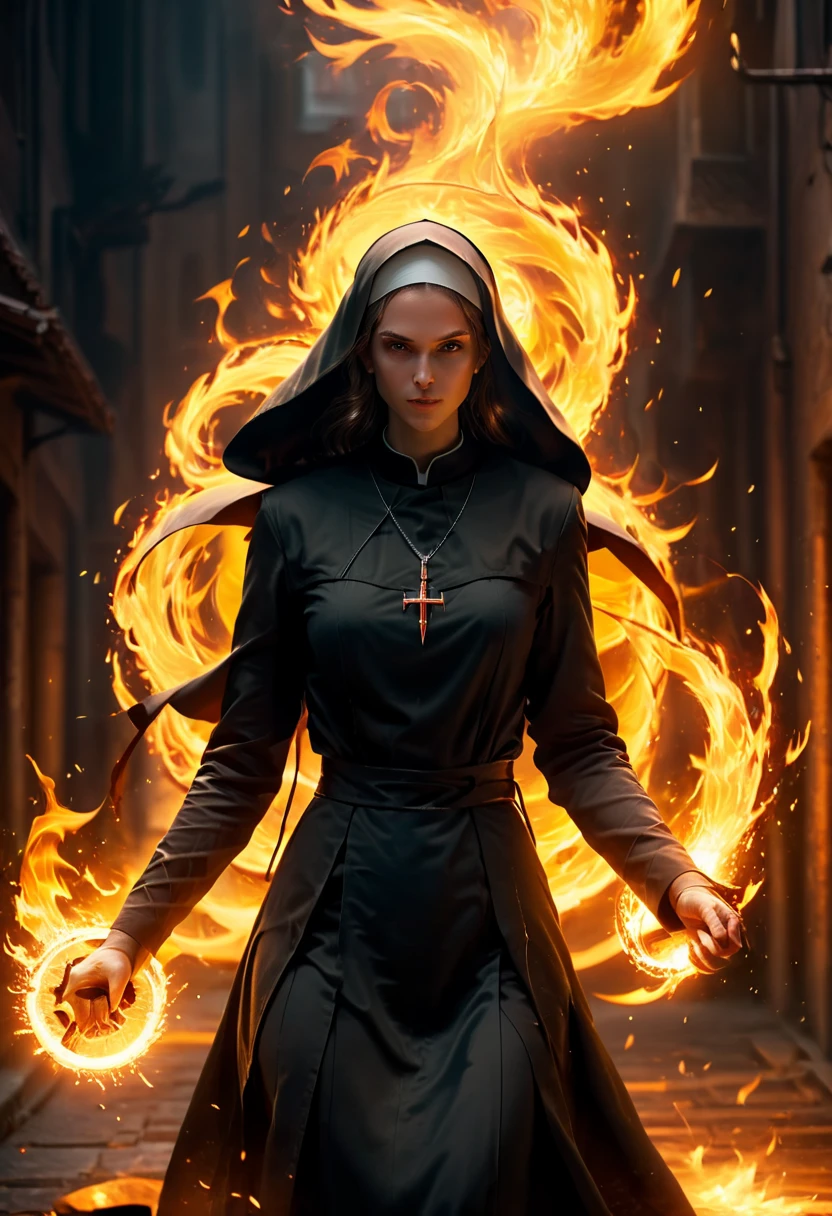 (best quality,8k,highres,masterpiece:1.2),realistic,nun,demon, intense fight, dynamic pose, vibrant flames, magical effects, sparkling aura