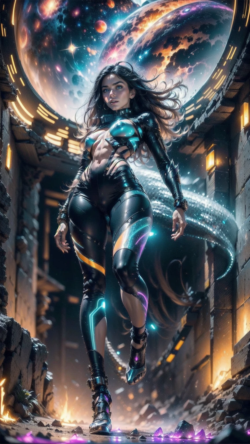 An ultra-realistic and ultra-detailed ((full body portrait)), (Dynamic Angle, From Below), A Gorgeous caucasian celestial goddess, barefoot, Slim Body, (Straight Black Hair), (silver eyes), ((small breasts)), Wearing Tight (Cut Up) Cyberpunk Shorts,, Striking, Dynamic Angle, (From The Bottom), Galactic Clouds everywhere adorned with vivid chemiluminescent stars and galaxies floating through the cosmos, Atmospheric, radiating luminous cosmic energy, multicolored, vibrant lighting, visually stunning, surreal, epic, legendary, radically fantastic, sharp uhd, dof, 8k resolution, enhanced-realism, hyper-photorealism.