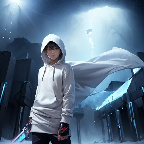 masterpiece, a boy  wearing a white hoodie and holding an ice element sword in his left hand and he has red eyes, the atmosphere...