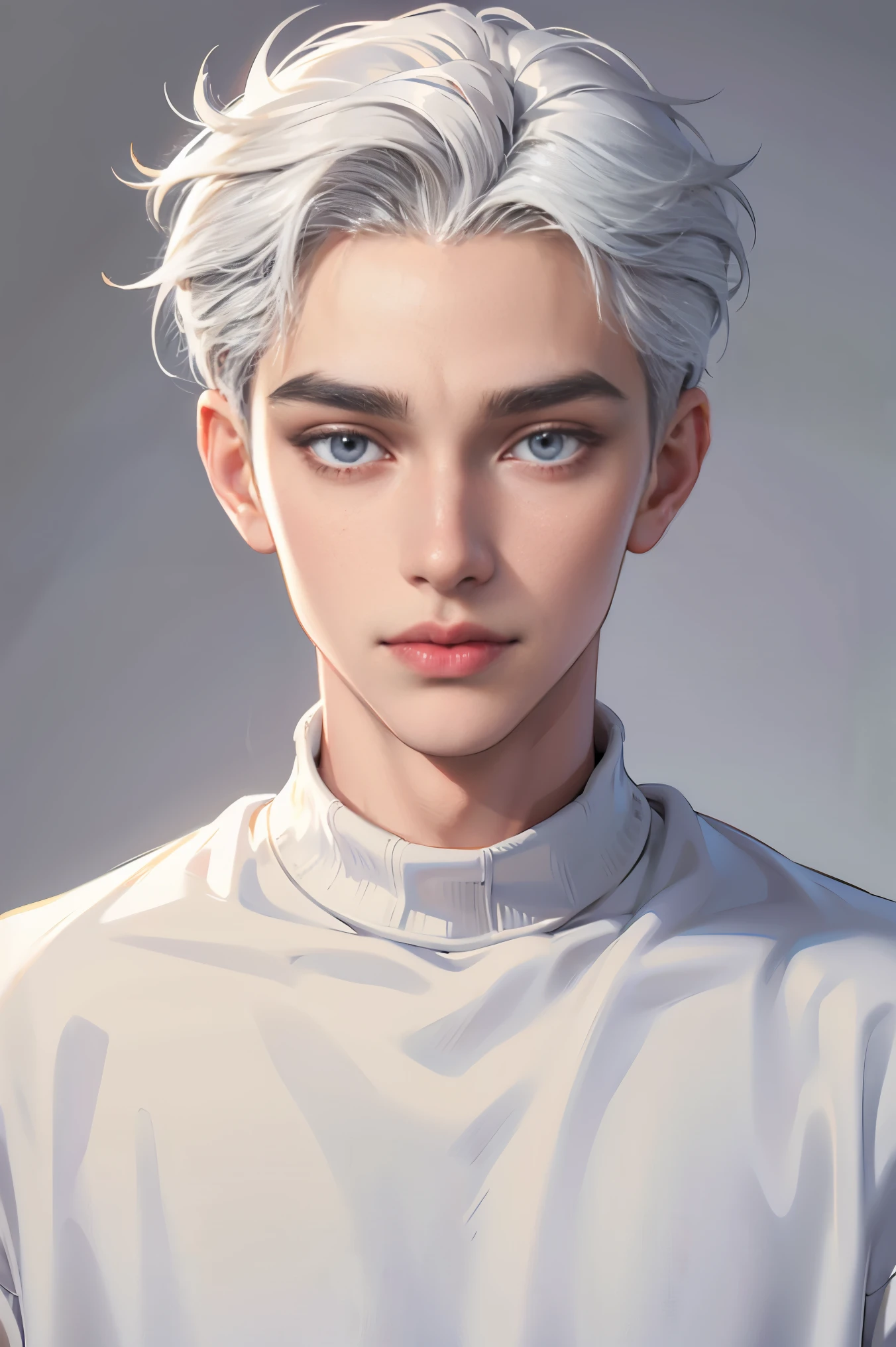 Young boy, white hair, gray eyes, sharp features, white skin, cute, sweater