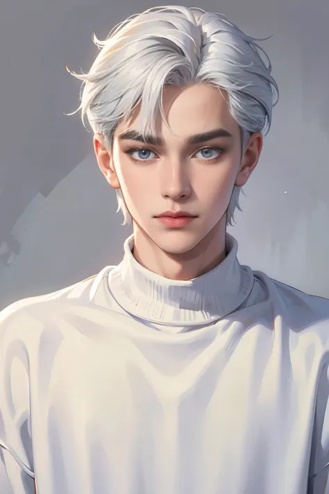 Young boy, white hair, gray eyes, sharp features, white skin, cute, sweater