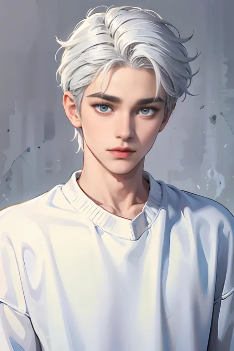 Young boy, white hair, gray eyes, sharp features, white skin, cute, sweater