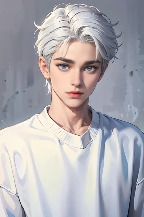 young boy, white hair, gray eyes, sharp features, white skin, cute, sweater