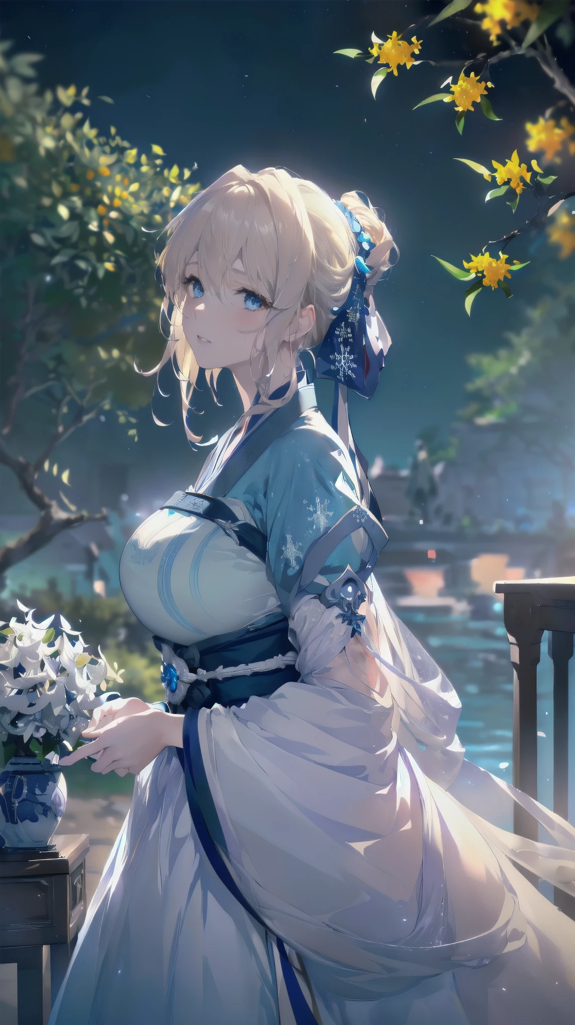 Violet Evergarden, 1 girl, solitary, Check viewers, blue eyes, blonde hair, greek clothing, spectacular starry sky, naked, Staring at the audience, Big breasts, Flying in the starry sky. (best quality, 4K, 8K, high resolution, masterpiece:1.2), Super detailed, (actual, photoactual, photo-actual:1.37), high dynamic range, ultra high definition, studio lighting, Ultra-fine coating, sharp focus, Physically based rendering, extremely detailed description, professional, bright colors, Bokeh, portrait, Purple tone, ethereal lights,(((European Caucasian female facial features)))，(((Osmanthus trees in the background)))，(((Light blue snowflake pattern blue Hanfu)))，(((extremely large breasts)))