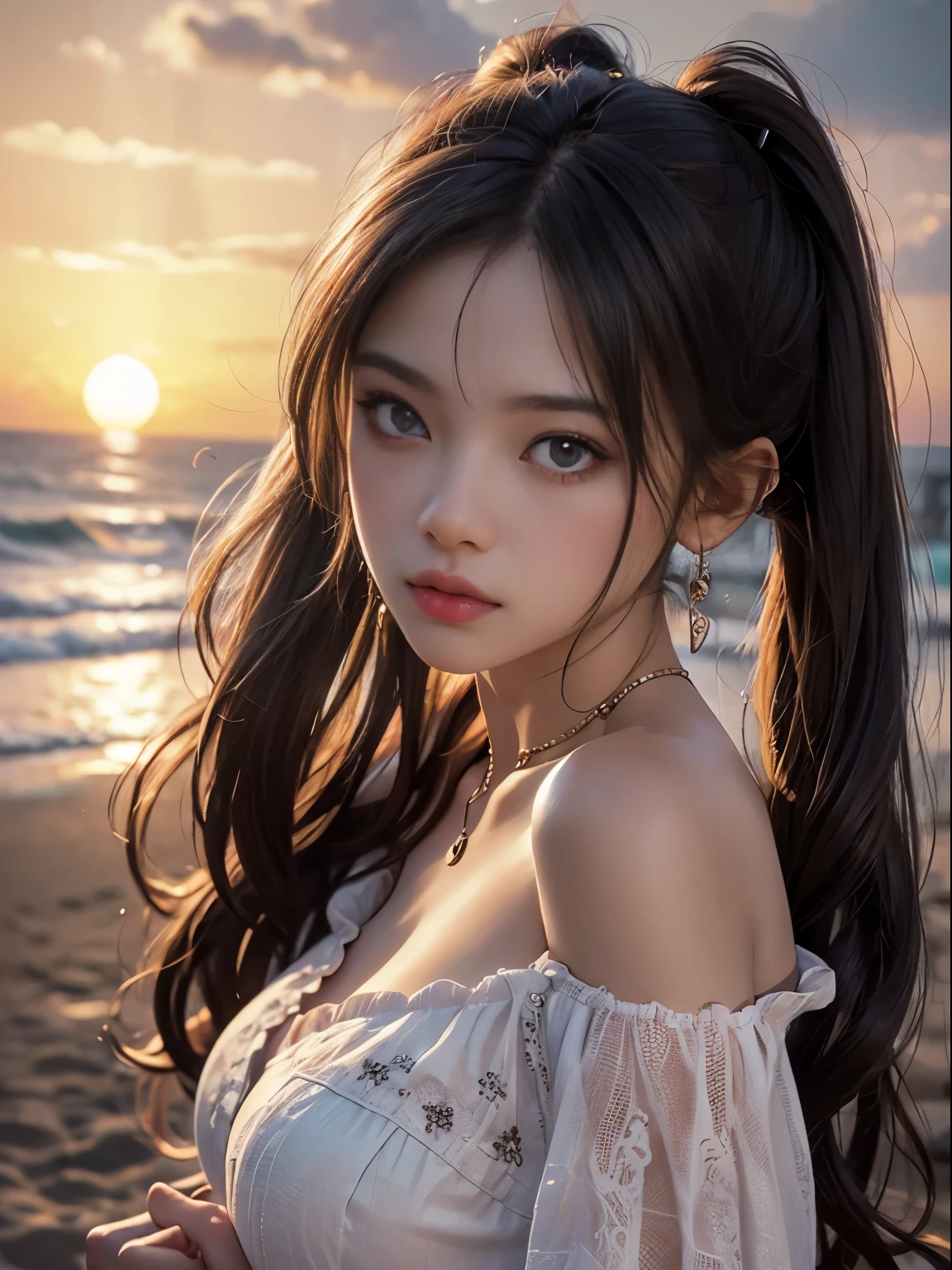 masterpiece、((1 girl))、(twin tails,Brunette hair:1.2)、(Amazing detailed face and eyes,pink eyes,clear eyes)、((amazingly beautiful girl))、Shiny brunette hair、Tunic,off shoulder、((highest quality)), (Super detailed), (Very detailed 8k photo:1.5)、(very detailed,High resolution raw color photos,professional photography,(((bokeh))),Depth of the bounds written)、beach,white sand beach、(((twilight,sunset,magic hour)))、(Shrug your shoulders,Look at the viewer with a dazed expression)、
