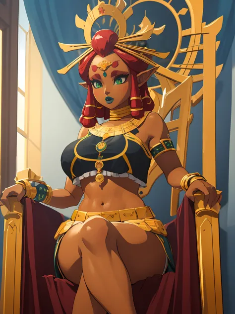 big breasts, green eyes, dark blue lips, sitting on a throne, riju