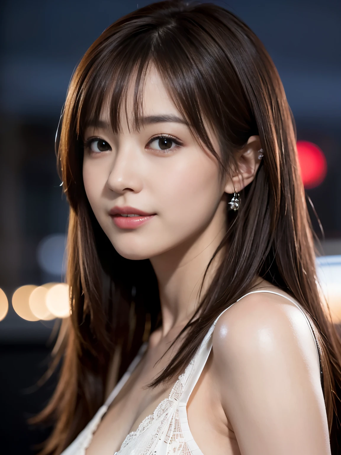 1 Japanese idol, (Raw photo, Best Quality), (Realistic, Photorealsitic:1.4), masutepiece, extremely delicate and beautiful, Extremely detailed, 8k wallpaper, amazing, finely detail, extremely detailed CG Unity, hight resolution, Soft light, Beautiful detailed 25 year old, extremely detailed eye and face, beautiful detailed nose, Beautiful detailed eyes,Cinematic lighting,city light at night,Slender,Smiling, (medium hair, hair messy, asymmetrical bangs, light brown hair)