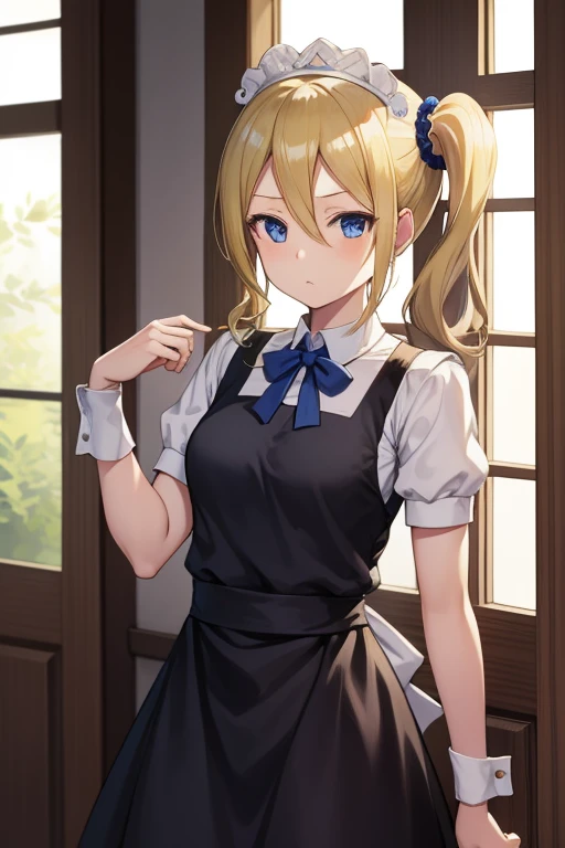 aihayasaka, ai hayasaka, blonde hair, blue eyes, blue Scrunchie, hair between eyes, hair Scrunchie, long hair, Scrunchie, side ponytail, side lock,
(Maid clothes:1.3), (white brim)