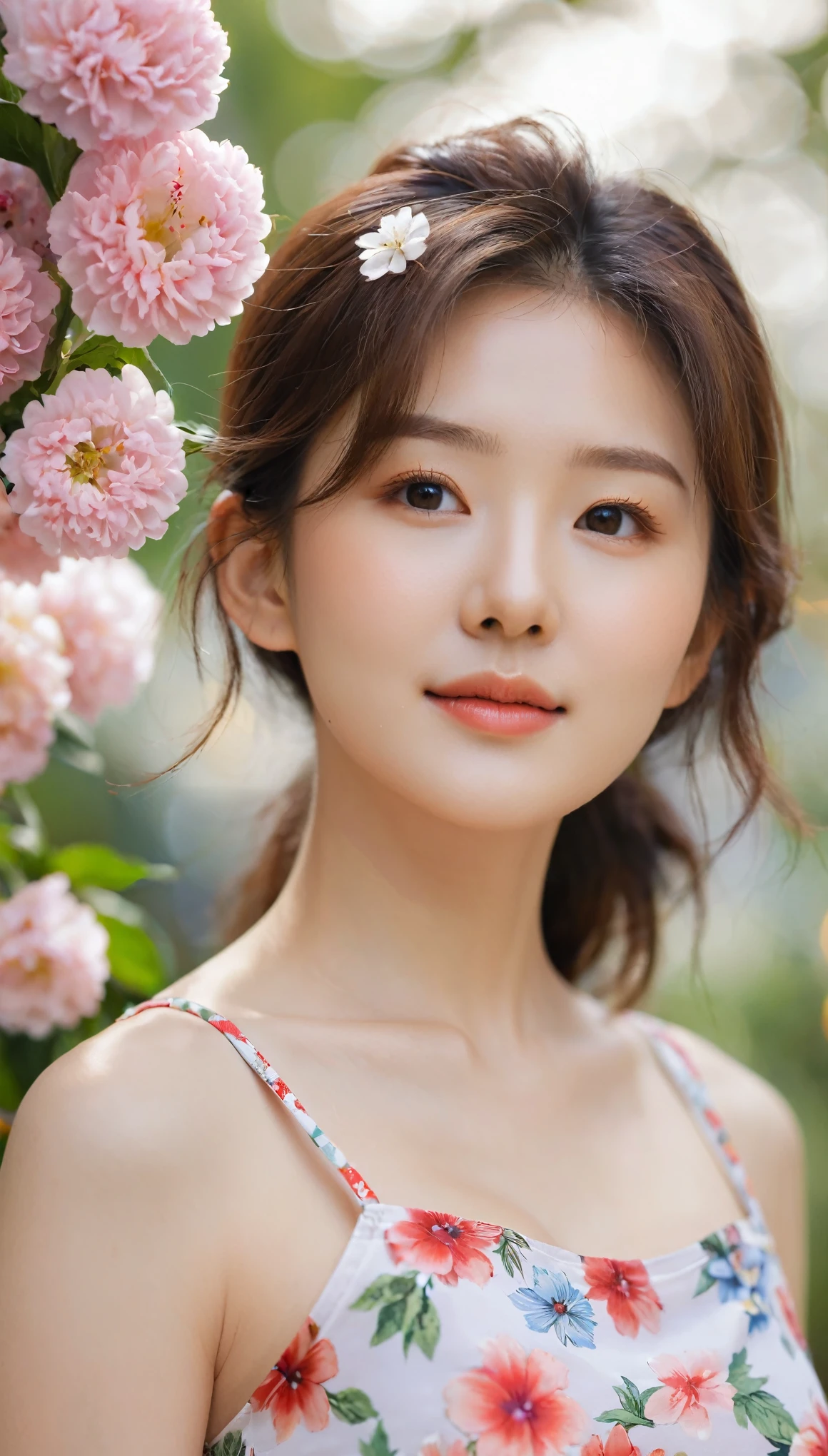 特写, 美丽的韩国女性的侧面照, 34 英寸胸部尺寸, 微微一笑 , 穿着花卉短款上衣, 手捧鲜花, 散景背景 