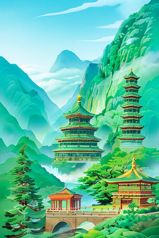 thème vert, eaufall, paysage, arbre,pas d&#39;humains, eau, En plein air, architecture est-asiatique, pagode, oiseau, montagne, nuage, nature, bâtiment, jour, Ciel, chef-d&#39;œuvre, Meilleure qualité