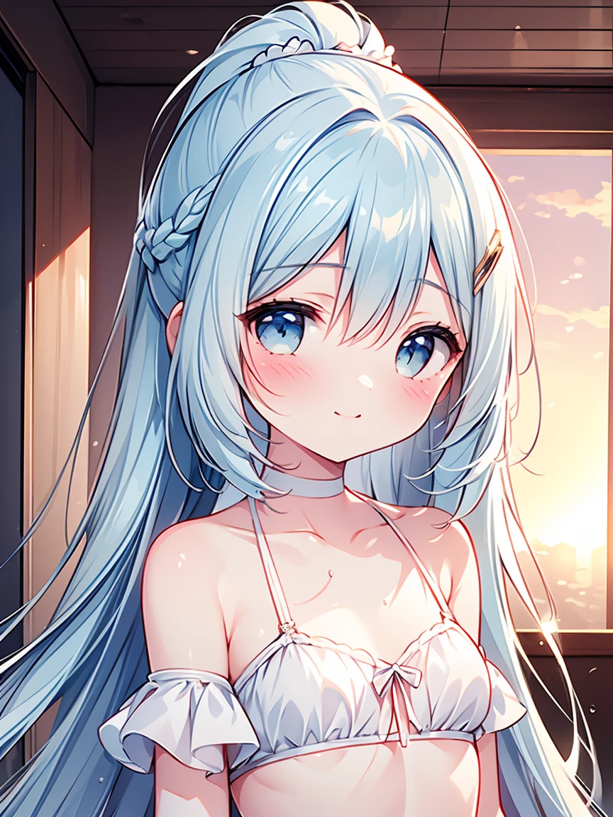 masterpiece, best quality, extremely detailed, (illustration, official art:1.1), 1 girl ,(((( light blue long hair)))), light blue hair, ,10 years old, long hair ((blush)) , cute face, big eyes, masterpiece, best quality,(((((a very delicate and beautiful girl))))),Amazing,beautiful detailed eyes,blunt bangs((((little delicate girl)))),tareme(true beautiful:1.2), sense of depth,dynamic angle,,,, affectionate smile, (true beautiful:1.2),,(tiny 1girl model:1.2),)(flat chest)),,absurdres, High Detail, Ultra Detail, 8K, ((masterpiece)),nape focus,back view,brush up hair,(metallic white tube top bikini),(small breasts),(wet),glistening skin,
BREAK
1 girl,, ponytail,light smile,aqua eyes,azzling sunset