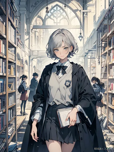 a woman in a library with books and a book case, dark academia, dark academia aesthetics, light novel cover art, from cryptid ac...