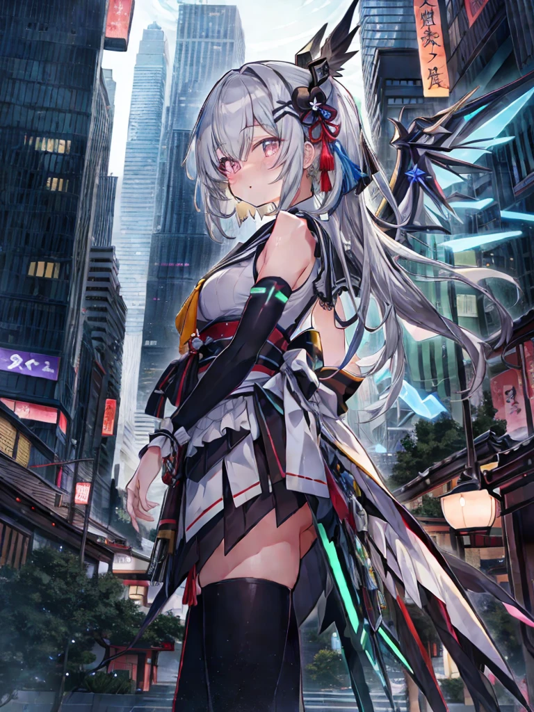 highest quality、very詳細な、masterpiece、Super detailed、enlightenment、((1 girl))、silver hair、hair length、floating hair、、cyber city、neon building、(Upper body:1.05)、very_get used to it_eye_and_face,Cybernetic Wings、random posture、Skyscraper、、Mechumusume、shrine maiden costume,Maid clothes、random angle、anime style,cowboy shot