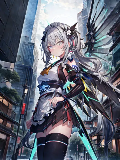 highest quality、very詳細な、masterpiece、Super detailed、enlightenment、((1 girl))、silver hair、hair length、floating hair、、cyber city、ne...