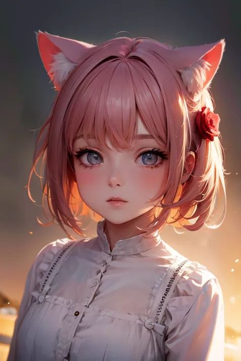 Une fille aux cheveux roses et des oreilles de chat.