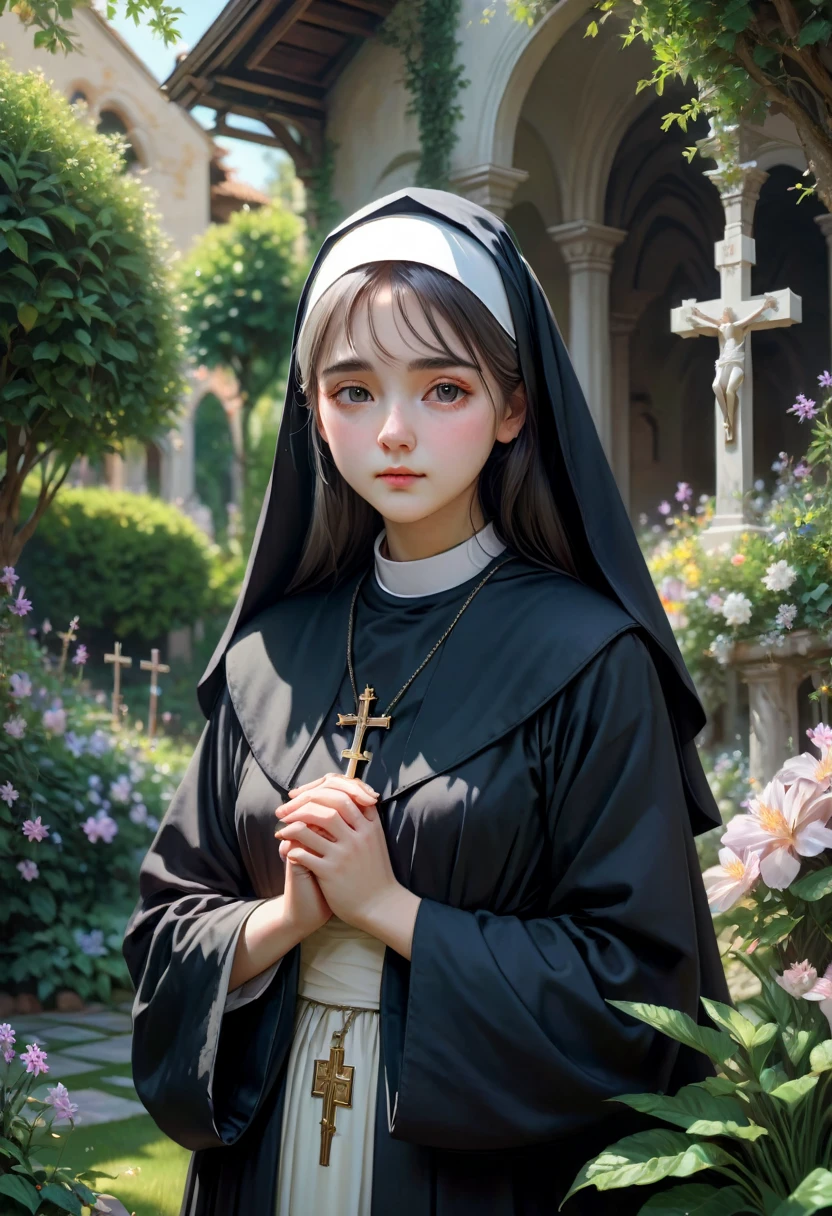 1girl, nun, dark robes, holy cross, serene expression, peaceful garden, soft sunlight, quiet atmosphere, sacred surroundings, (best quality, 4k, 8k, highres, masterpiece:1.2), ultra-detailed, painting-like, soft pastel colors, gentle lighting, aesthetic