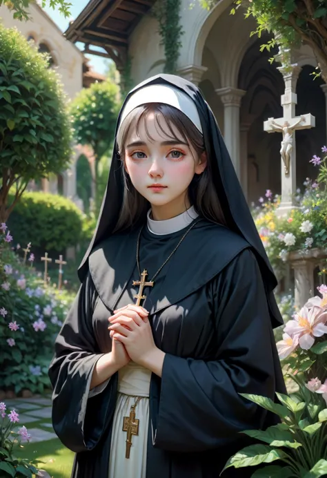 1girl, nun, dark robes, holy cross, serene expression, peaceful garden, soft sunlight, quiet atmosphere, sacred surroundings, (b...