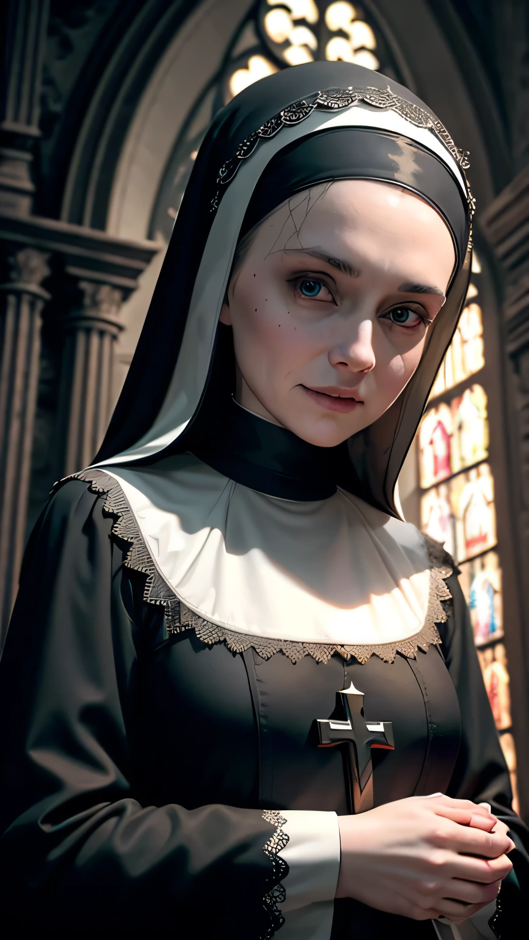 a nun in a gothic cathedral, a scary portrait, a monster, a horror film, dramatic lighting on the face, a scary face, a scary smile, a bloody, apocalyptic atmosphere, a threatening presence, terrified crowds, stained glass windows, a candlelight light, black and white photography, minimalist composition, scary expression, vintage aesthetic. best quality, 8k, masterpiece: 1.2, ultra-detailed, realistic