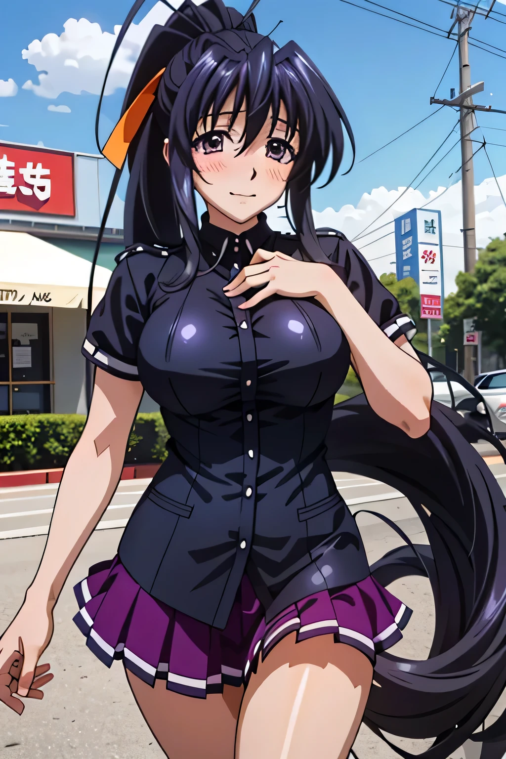 Anime girl in uniform walking down the street with a knife - SeaArt AI