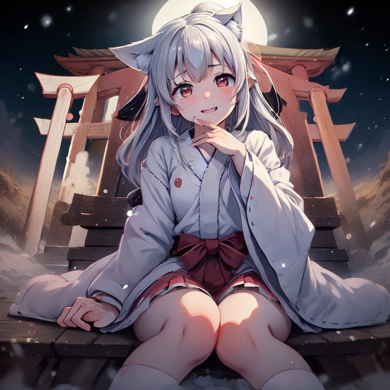 one girl, cute, shrine maiden, thin, beautiful, Are standing, face focus, (innocent), fox ears, gray hair, sitting, girl focus, smile, hand between legs, night, Mysterious, neat, open your mouth, blush, Look up at me, moon,white tail,shrine,torii