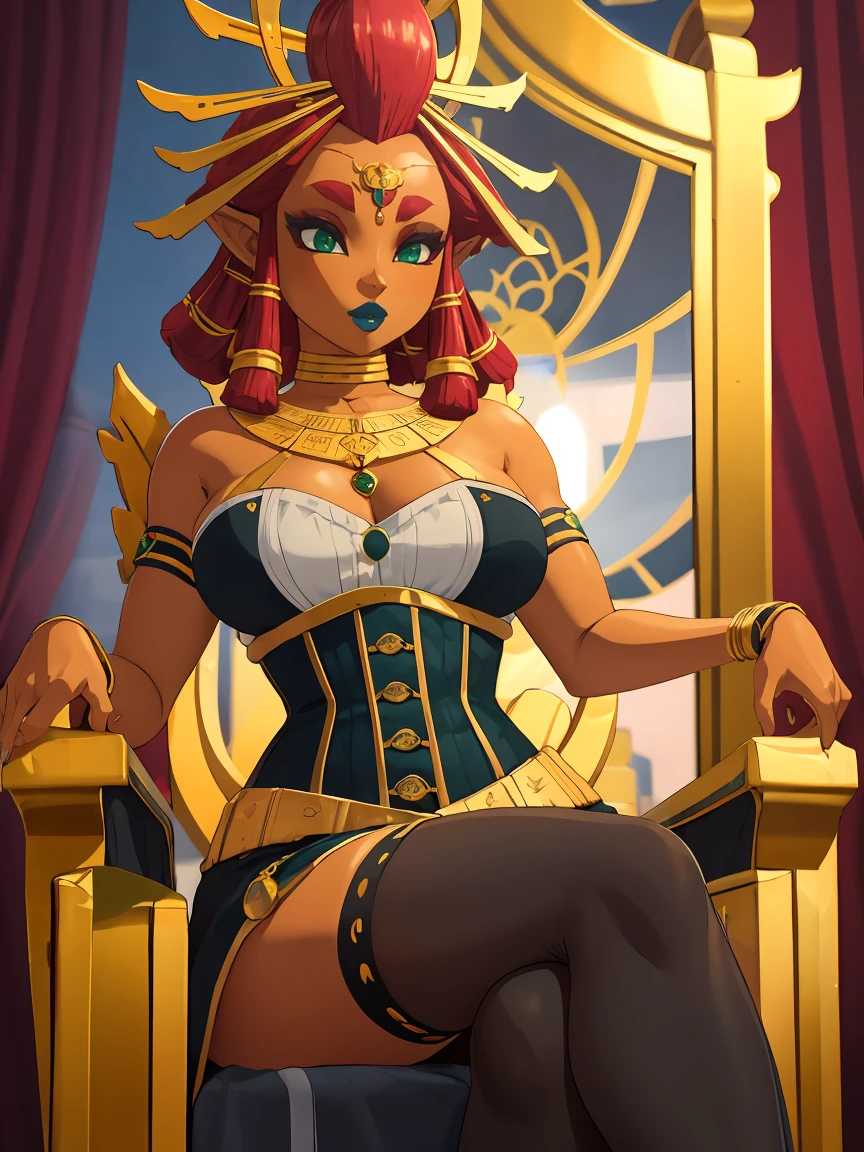 Big breasts, green eyes, dark blue lips, sitting on a throne, corset, black stockings, Riju