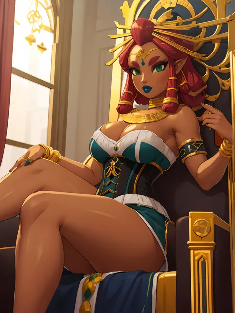 Big breasts, green eyes, dark blue lips, sitting on a throne, corset, sexy legs, Riju