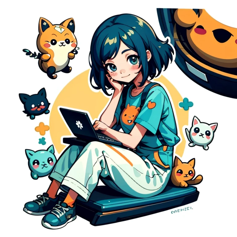 Anime girl holding a cuddly T-shirt design with a sweet and welcoming Comic-style, sitting in front of a white background. The intricate Vegtorgrafik details of herBest quality, high-resolution Meisterwerk illustration show her casually resting her hands on a computer keyboard, her expression filled with joy and anticipation. The sticker-art design on the T-shirt she is holding features cute and playful graphics that add to her charming demeanor. The overall design exudes a sense of warmth and positivity.