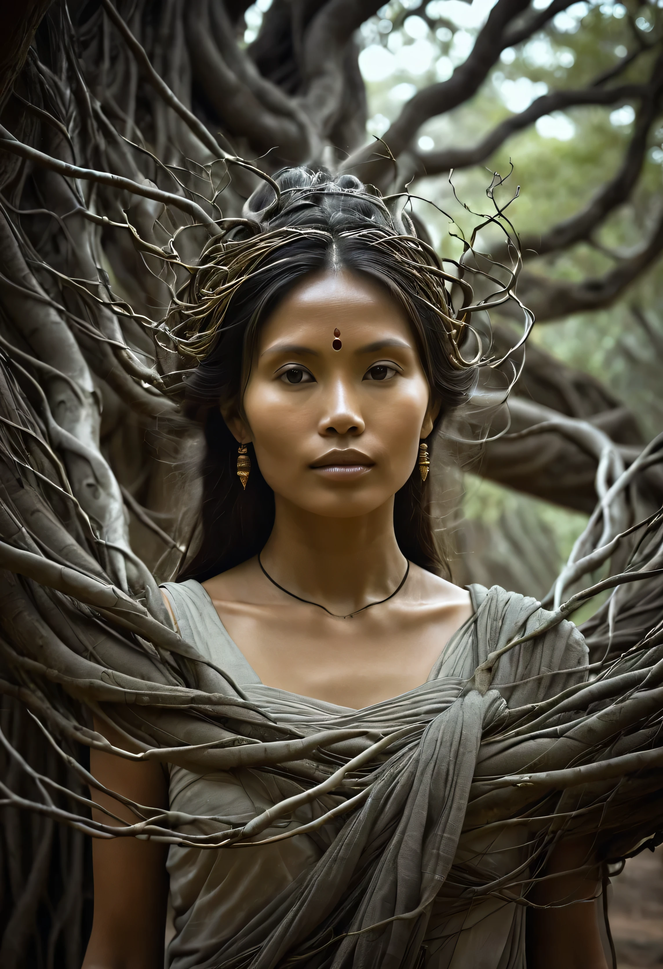 An ethereal portrait of a Woman  intertwined with the intricate branches of an ancient tree, highlighting the mystical bond, Ancient  Ankor Wat in Background --ar 3:4 --style raw --stylize 300