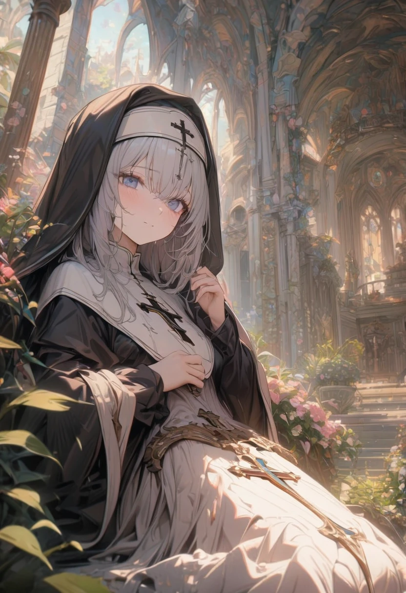 1girl, nun, dark robes, holy cross, serene expression, peaceful garden, soft sunlight, quiet atmosphere, sacred surroundings, (best quality, 4k, 8k, highres, masterpiece:1.2), ultra-detailed, painting-like, soft pastel colors, gentle lighting, aesthetic