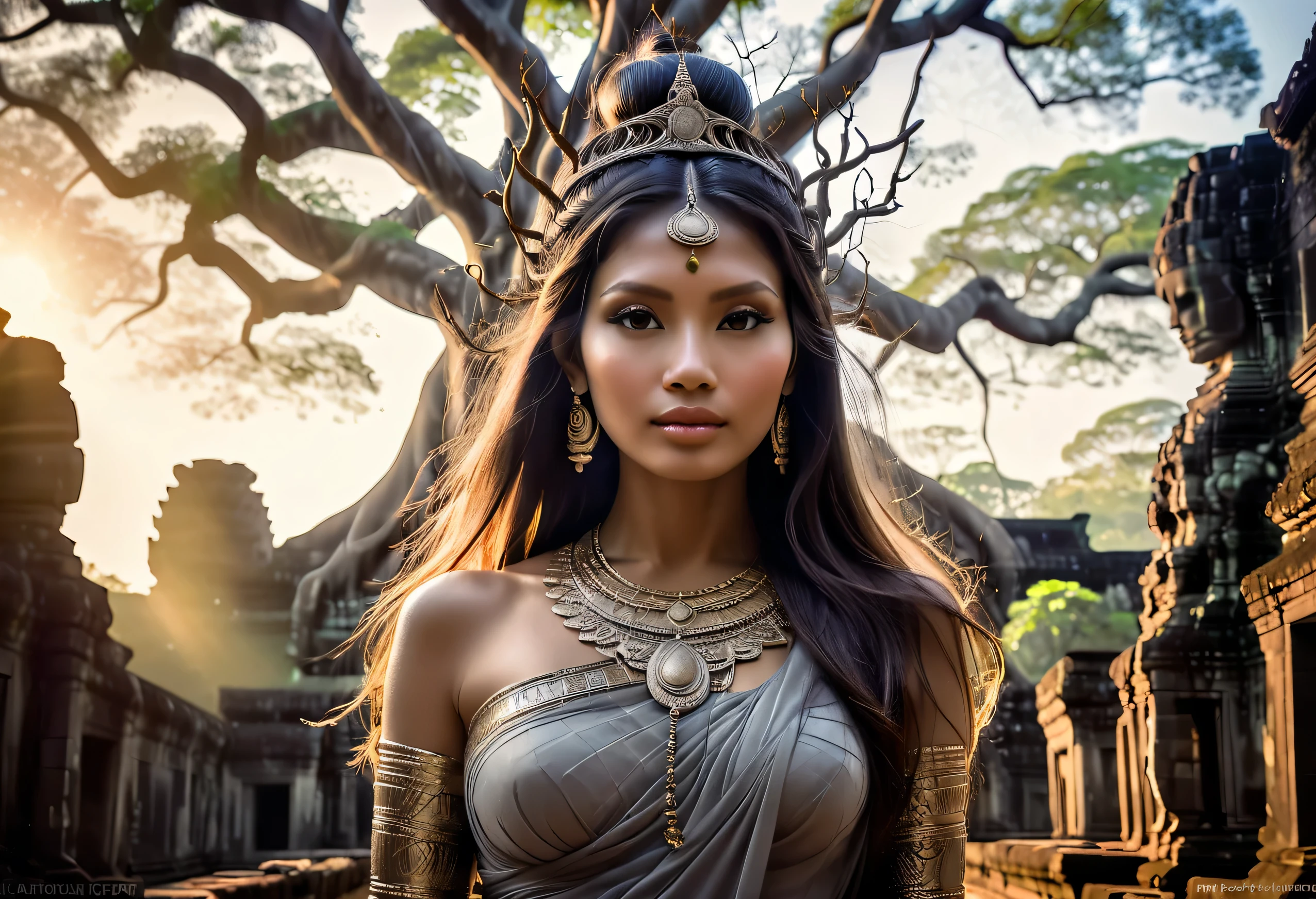 An ethereal portrait of a Goddess intertwined with the intricate branches of an ancient tree, highlighting the mystical bond, Ancient Angkor Wat in Background --ar 3:4 --style raw --stylize 300