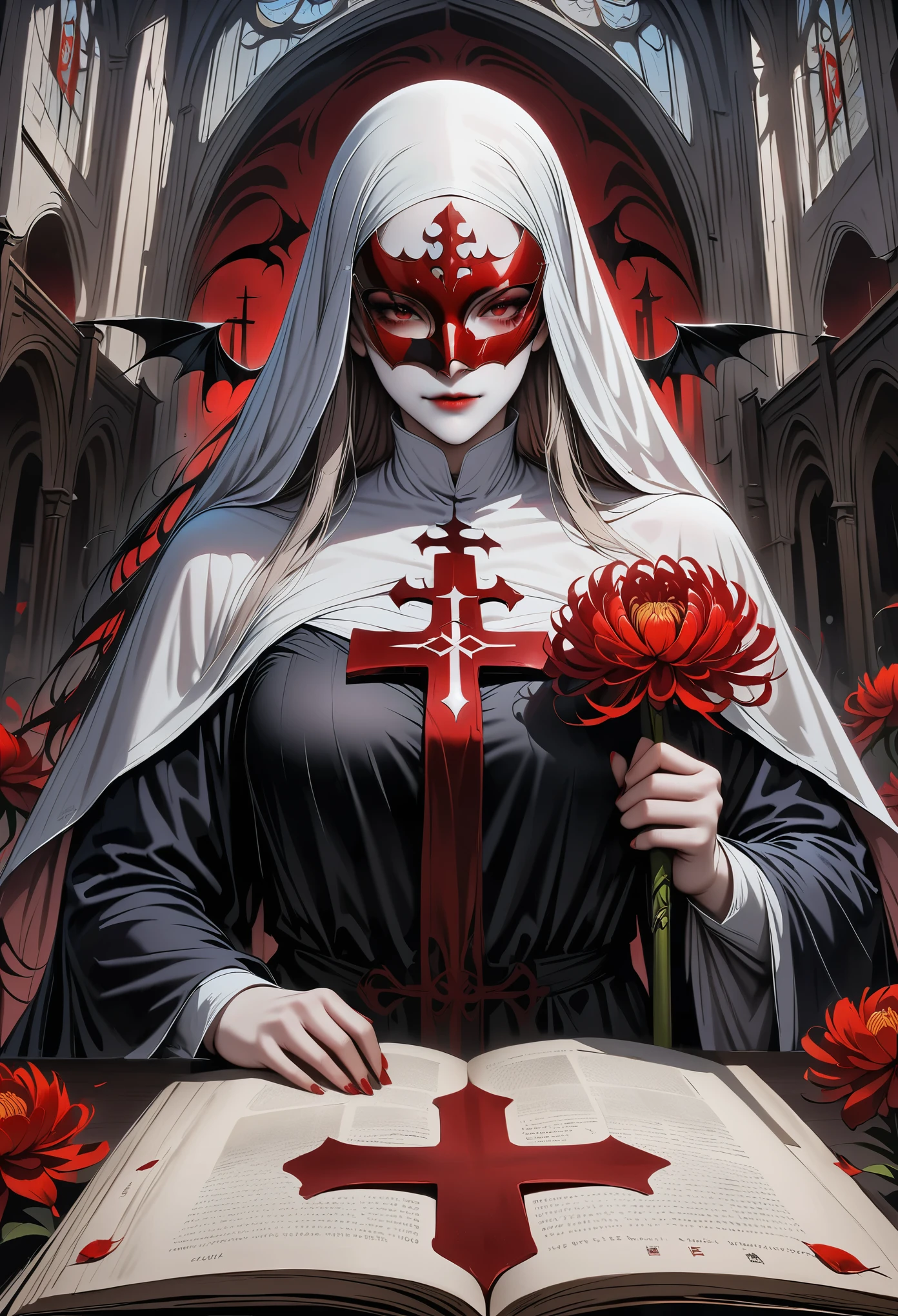 (best quality,4K,8K,high resolution,masterpiece:1.2),Super detailed,(actual,photoactual,photo-actual:1.37),Giant cross：1.37，Spacious church,Beautiful nun holding a red cross,Wearing a black robe，Behind the nun stands a demon，(meticulously made,Gorgeous) mask,Demons around,bloody,red lily,red chrysanthemum,flame,Light.