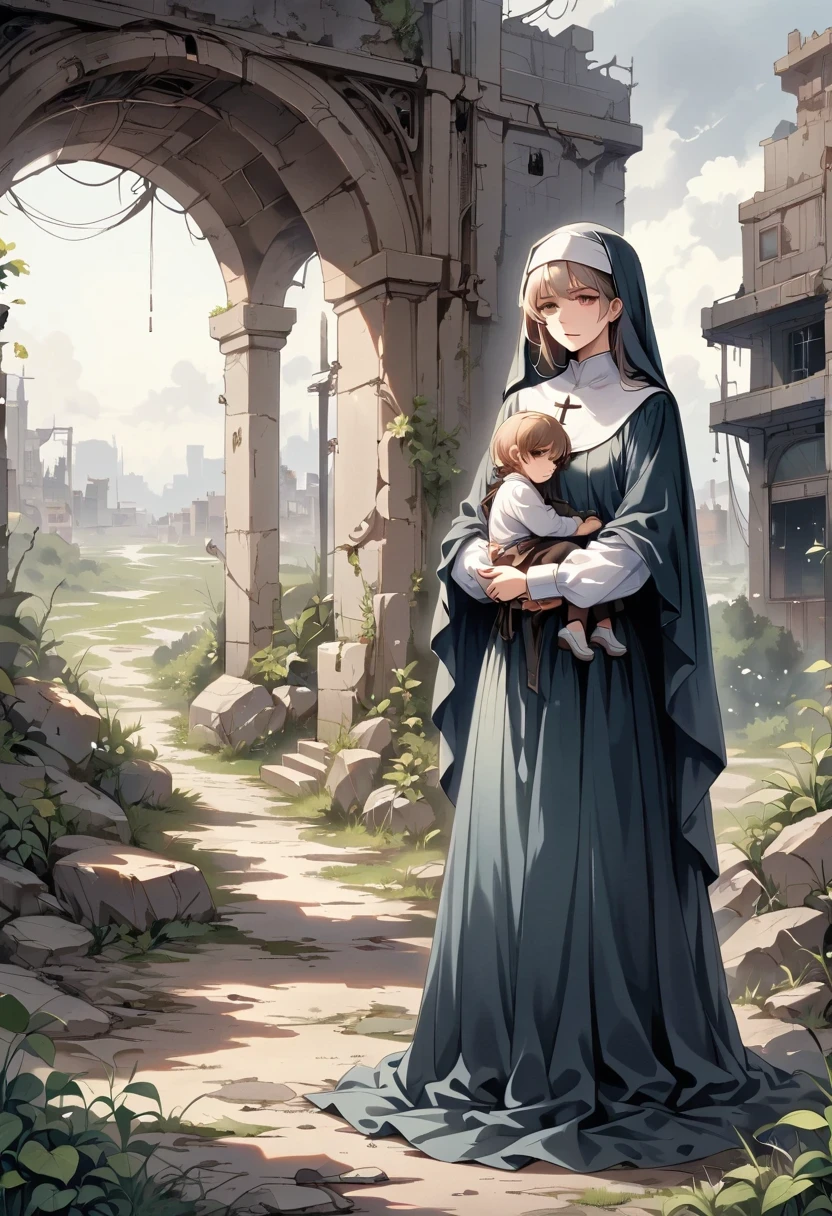 A nun, Holding a child, Standing on a nuclear wasteland. The once prosperous city is now in ruins, Ruined buildings and abandoned vehicles litter the desolate landscape. Nature has begun to take back territory, Plants growing in concrete cracks，Vines entwine around rotting buildings. The atmosphere is weird, There&#39;s a feeling of loneliness and despair in the air. The scene is bathed in a dark and moody light, Emphasizes the post-apocalyptic setting. The nun looked sad.，Her expression reflects her loneliness and the weight of the world she carries on her shoulders. In this ruthless world，The child she held gave her some comfort. The colors become softer, A desaturated and faded color palette, This further enhances the desolate atmosphere of the scene.