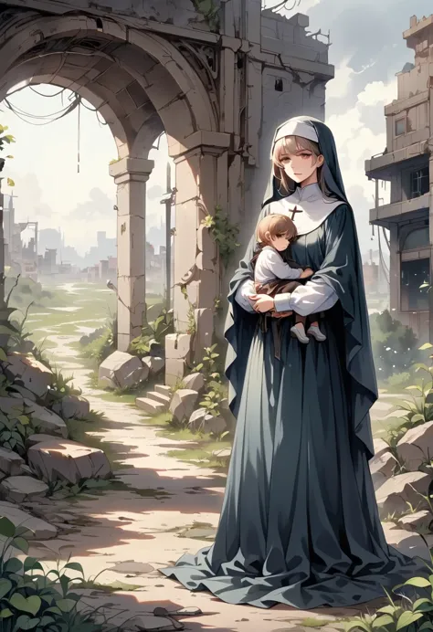 a nun, holding a child, standing on a nuclear wasteland. the once prosperous city is now in ruins, ruined buildings and abandone...