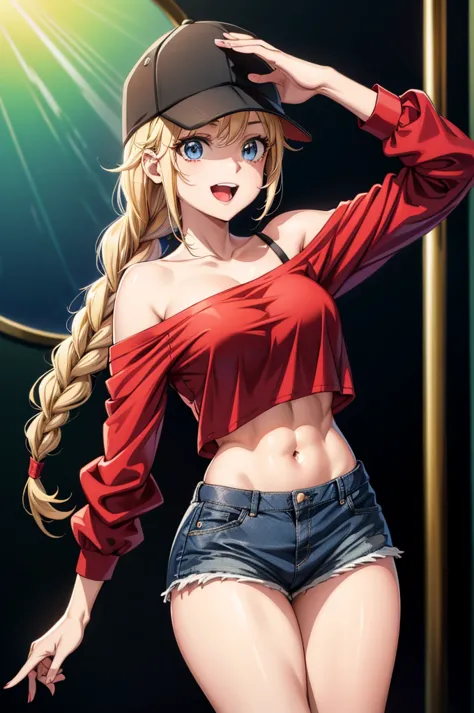 a blonde girl in red shirt top and a black baseball cap is standing up, 1girl, shorts, blonde hair, solo, hat, blue eyes, breast...