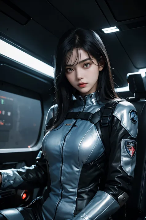 A beautiful girl. eighteen. Black hair. She is looking at the camera with a defiant expression. She wears a pilot suit made of b...