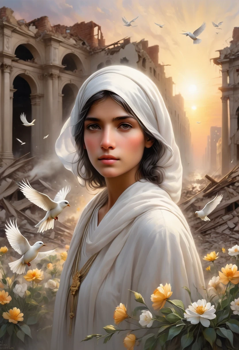 Blessed Teresa of Calcutta standing on the ruins of war

The description of the scene:
Beautiful detailed eyes, beautiful detailed lips, extremely detailed eyes and face, long eyelashes, blessed Teresa of Calcutta stands gracefully on the ruins of a war-torn city. The setting sun casts a warm golden light on her serene face, accentuating her compassionate expression. Her flowing white robes gently sway in the breeze, symbolizing purity and divinity. The city's destruction can be seen in the crumbling buildings, scattered debris, and damaged streets. Despite the devastation, there are signs of hope and rebirth as flowers bloom amidst the ruins, representing resilience and the power of love and kindness. The air is filled with a sense of peace and tranquility as birds soar high above, symbolizing  and hope. The color palette is dominated by soft pastel tones, conveying a gentle and soothing atmosphere. The lighting is ethereal, with a soft glow enveloping the scene, creating a dreamlike and otherworldly ambiance. This masterpiece of art captures the spirit of Blessed Teresa of Calcutta, her unwavering dedication, and unwavering love for humanity, even in the face of adversity.

Tags:
ultra-detailed, realistic, highres, best quality, compassionate expression, serene face, flowing white robes, war-torn city, ruins, destruction, resilience, love, hope, flowers, birds, pastel tones, ethereal lighting.