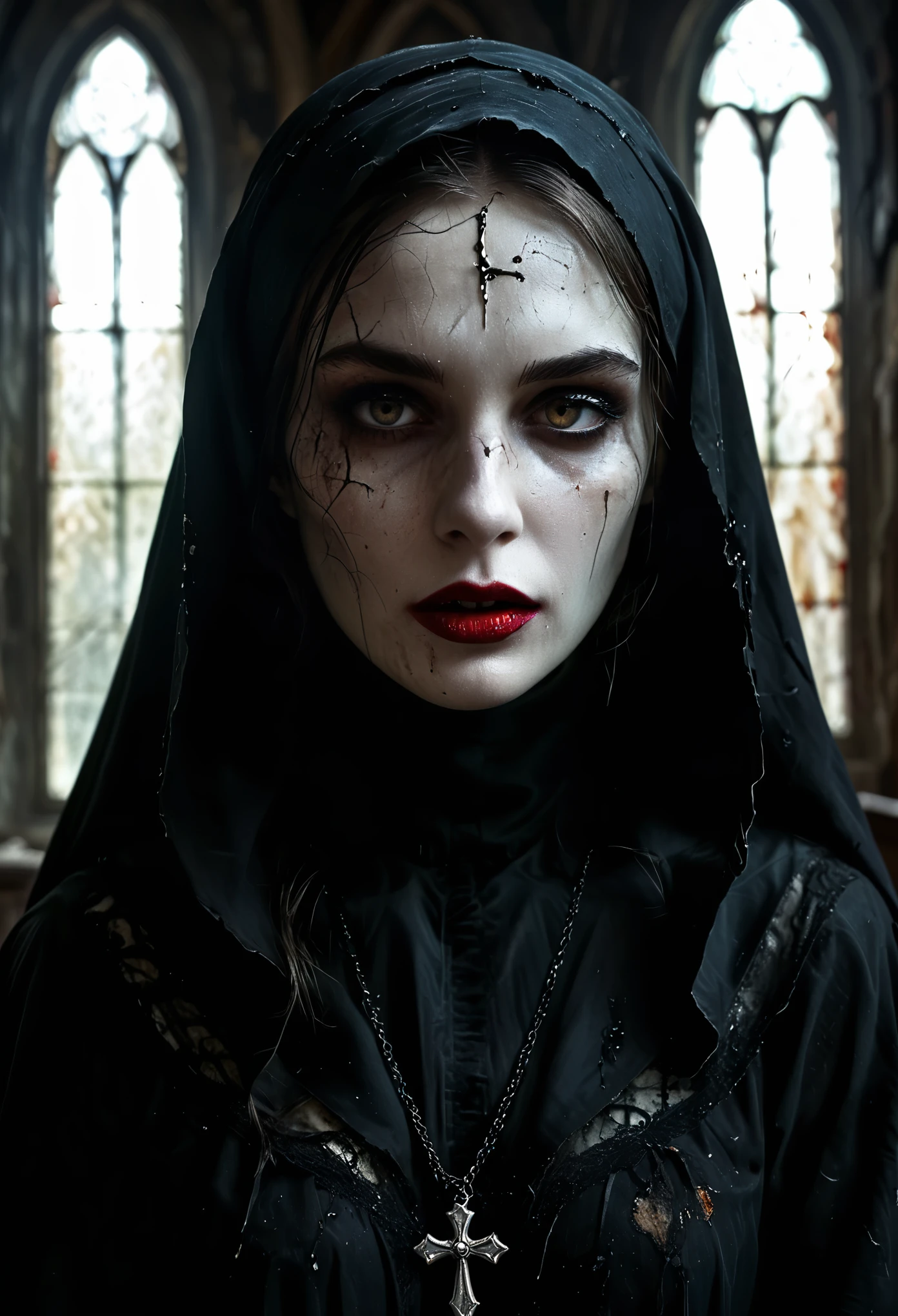 (dark, mysterious) figure in a (creepy, abandoned) church, (ominous lighting) highlighting the (sinister, twisted) expression on her face. She is wearing a (tattered, black) robe with (torn, white) lace details. The (haunting, hauntingly beautiful) eyes are glowing with an (evil, otherworldly) intensity, while her (cracked, blood-red) lips form a wicked smile. The painting showcases an (intricate, detailed) portrayal of the nun, capturing every (wrinkle, fold, and texture) with (ultra-detailed precision). The overall atmosphere exudes (horror, gothic) vibes, with (eerie shadows) dancing in the background. The (highres, photorealistic) artwork captures the essence of the possessed nun, giving it the appearance of a (masterpiece:1.2) straight out of a (horror movie).