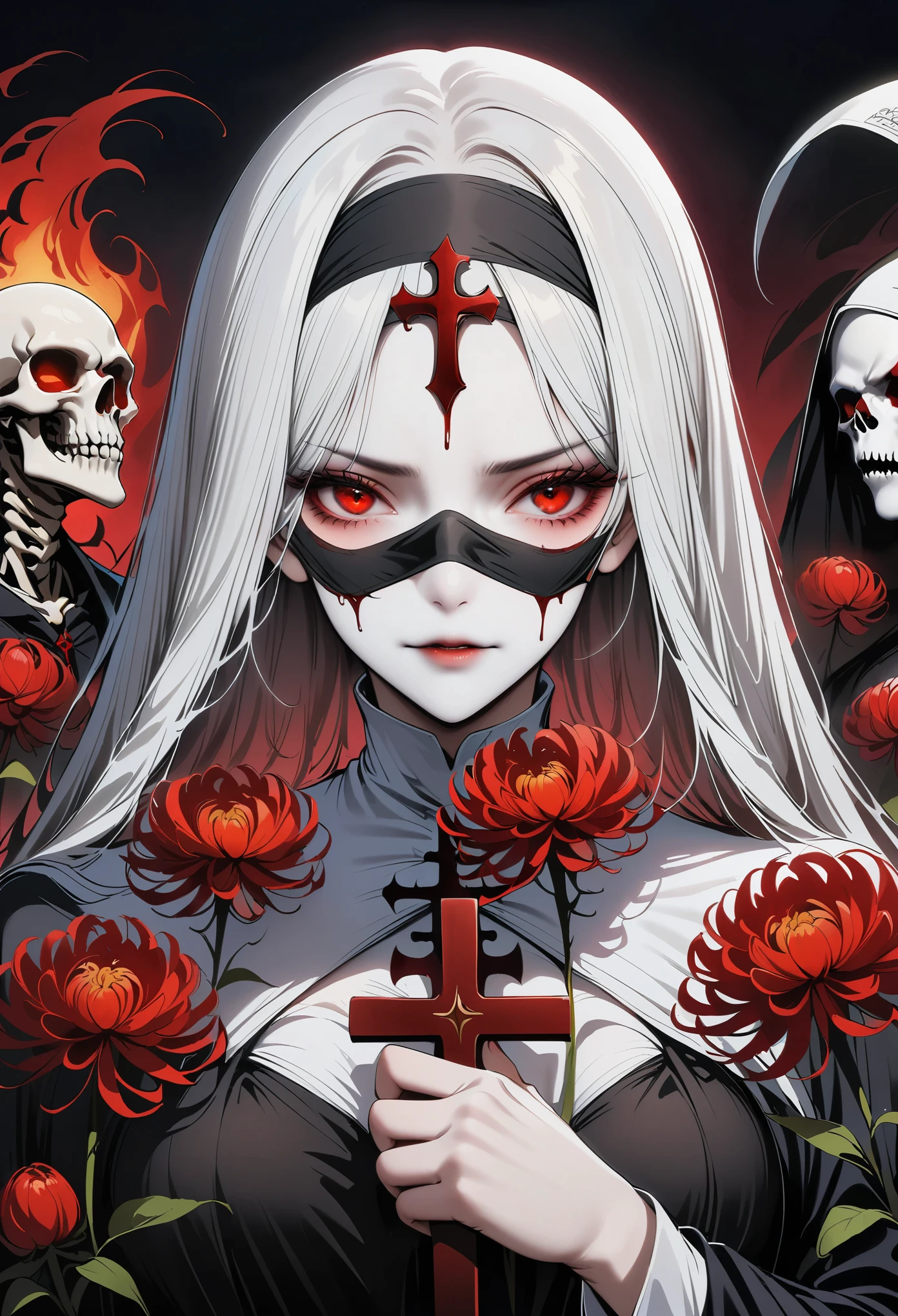 (best quality,4K,8K,high resolution,masterpiece:1.2),（（（Giant cross：1.37））），The nun and the skeleton godfather in the church，Nun costumes，Nun Characteristics，bloody,red lily,red chrysanthemum,flame,Light.