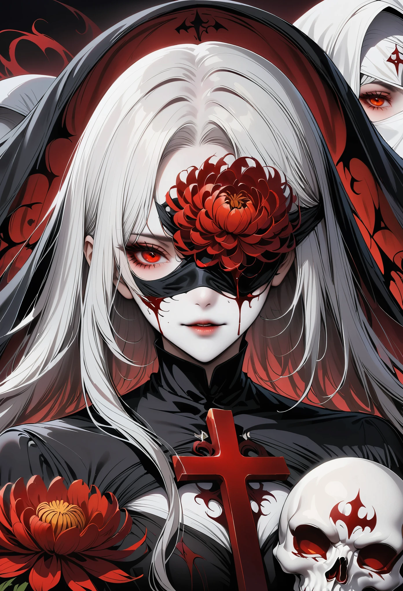 (best quality,4K,8K,high resolution,masterpiece:1.2),（（（Giant cross：1.37））），The nun and the skeleton godfather in the church，Nun costumes，Nun Characteristics，bloody,red lily,red chrysanthemum,flame,Light.